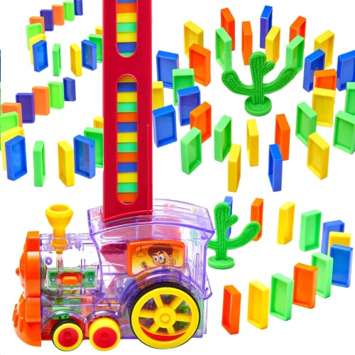 160pcs Dominos Train Blocks Set,Domino Train Toy with Lights & Sounds, Blocks Domino Set Building and Stacking Toy for Boys and Girls,Automatic Blocks Laying Toy Train Set Gift for 3-12 Years Old Kids