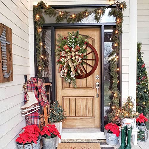 Adarl 17.7Inch Christmas Wreath for Front Door, Vintage Red Wagon Wheel Garland Farmhouse Wreath Winter Wreath, Xmas Holiday Home Party Decoration & Housewarming Gift
