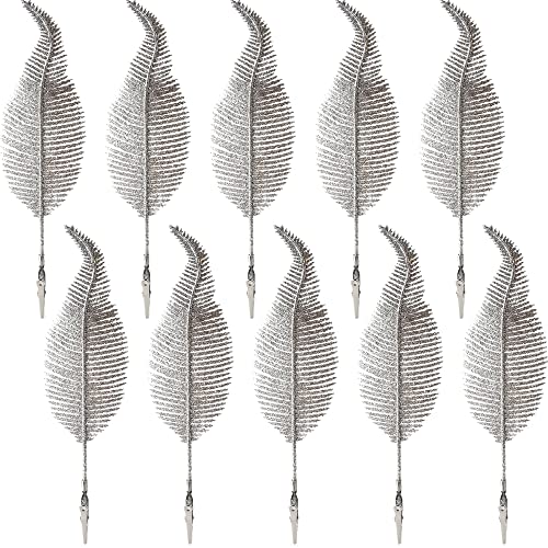 Haconba 10 Piece Christmas Tree Leaves Ornament Xmas Glittery Leaf with Clip Tree Hanging Baubles Decor for Christmas Home Party Decoration (Silver)