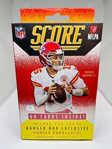 2021 Panini Score Football Factory Sealed Hanger Box 60 Cards with exclusive Purple Parallels. Chase Rookie Cards of Trevor Lawrence (1st Overall Pick to Jacksonville), Zach Wilson (New York Jets), Trey Lance (3rd to San Francisco 49ers), Kyle Pitts (Atla