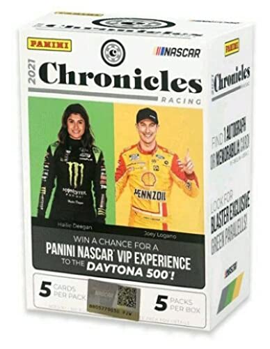 2021 Panini Chronicles Racing NASCAR Sealed Blaster Box 5 Packs of 5 Cards, 25 Cards in all Look for 1 Auto or Memorabilia Card Per Box on Average Look for first XR, Black and Zenith Hailie Deegan cards Look for blaster exclusive Green Parallels. Chase ca