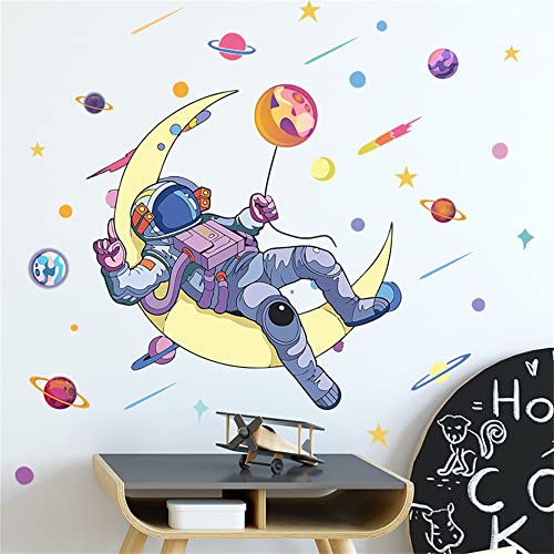 ROFARSO Astronaut Lying On The Moon Wall Stickers Planet Space Star DIY Vinyl Removable Large Wall Decals Art Decorations Decor for Kids Boys Bedroom Living Room Playing Room Murals