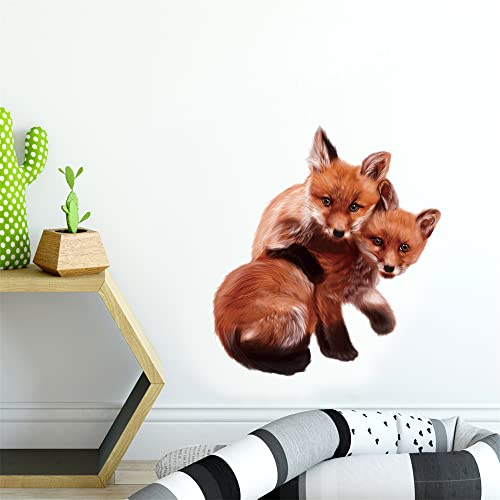 ROFARSO Lifelike Cute Lovely Two Little Foxes Animal Wall Stickers Removable Wall Decals Peel and Stick Wall Art Decorations Home Decor for Kid Nursery Baby Bedroom Living Room Playing Room Murals