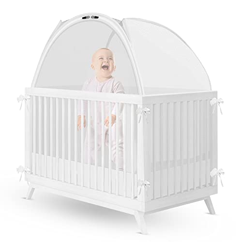 Small Size Crib Safety Canopy Net or Tent Pop Up Mesh Cover Stops Climbing Stuck Limbs See Through Netting for Baby &amp Toddler Bed with Ties Zippers Bags by Baby Movs 47x26x52 in White