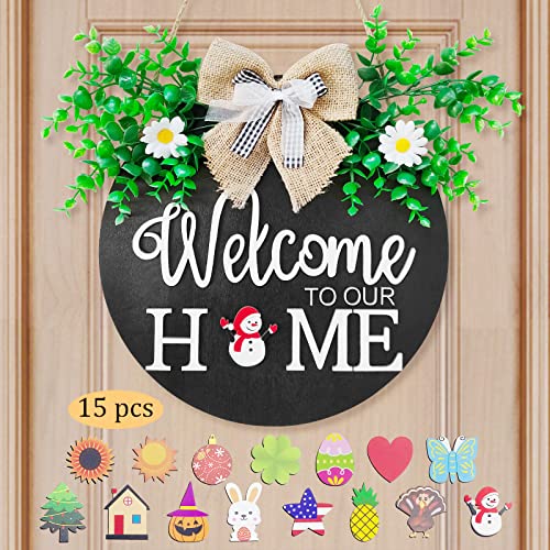 Interchangeable Welcome Sign for Front Door Porch Decor, Wooden Round Seasonal Welcome Home Sign for Housewarming Farmhouse Outdoor Spring Wreath Holiday Decoration