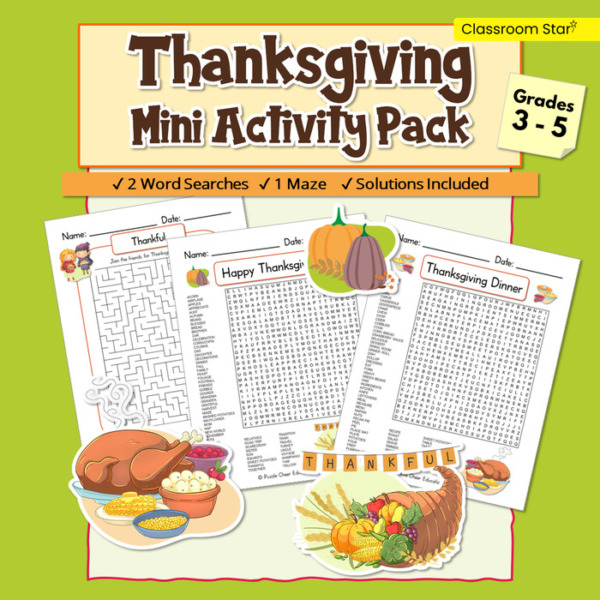 Thanksgiving Mini Activity Pack | 2 Giant Word Searches and Maze for Grades 3 – 5