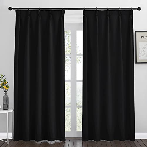 NICETOWN Pinch Pleated Bedroom Blackout Curtain Panels 84 inches, Light Reducing Thermal Insulated Back Tab Blackout Drapes for Cafe Office Laundry Kitchen Studio Kid Room (Set of 2, 30 inches, Black)