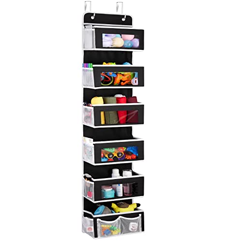 Over the Door Organizer, KoHuiJoo Large Hanging Door Organizer Baby Nursery Closet Bathroom Door Storage Organizer with 6 Clear Window and 20 Large Pockets for Cosmetics, Toys and Sundries Black