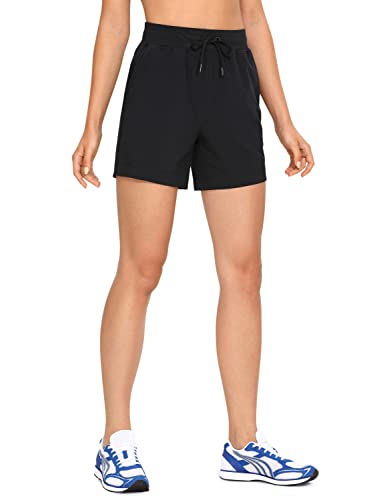 CRZ YOGA Women’s 5” Lightweight Quick Dry Athletic Long Shorts – High Waist Workout Running Summer Gym Shorts Pockets Black_5″ Medium