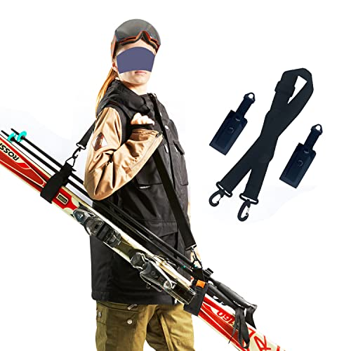 Ski Strap Shoulder Carrier and Ski Pole Carrier Strap – Adjustable Shoulder Sling with Cushioned Holder – Skiing Accessory for Ski Gear Travel Carrying