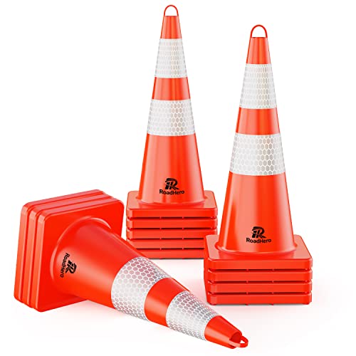 RoadHero [12pcs] Traffic Safety Cones 28 Inch, Plastic PVC Cone, Orange Cones with Reflective Collar & Handheld, Cones for Parking Lot, Road Safety, Construction Events, Sport & Driving Training
