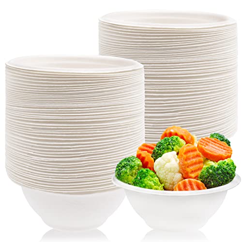100 Pcs 8oz Disposable Paper Bowls,Natural Compostable Bowls,White Heavy-Duty Bagasse Bowls for Parties,Catering and Everyday Use