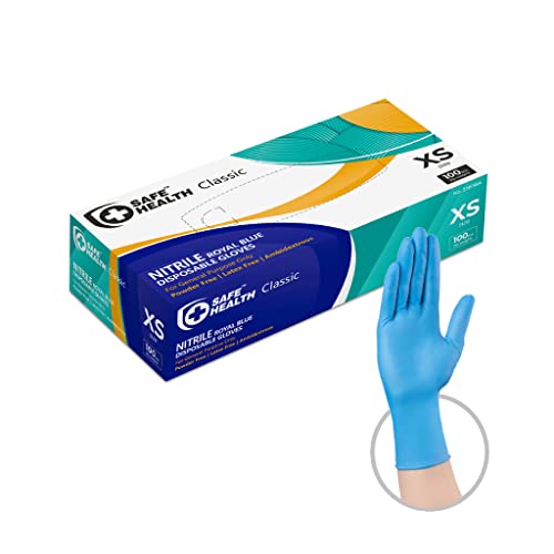 Safe Health Nitrile Disposable Gloves, Latex Free, Powder Free, Blue, Box of 100, XS, Textured, 3.5 mil, Industrial, Food, Janitorial, Tattoo, Law Enforcement, Pet Care, Servoce, Cleaning
