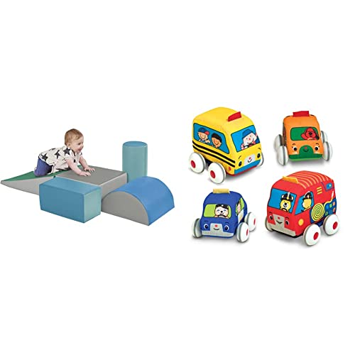 ECR4Kids-ELR-12683F SoftZone Climb and Crawl Activity Play Set & Melissa & Doug K’s Kids Pull-Back Vehicle Set – Soft Baby Toy Set with 4 Cars and Trucks and Carrying Case