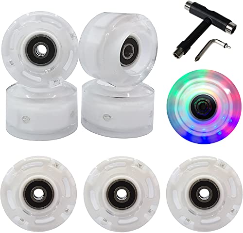 FREEDARE Roller Skate Wheels 54mm Skateboard Wheels and Bearings Indoor Outdoor Luminous Light Up Skate Wheels 83A with T Tools for Double Row Skating and Skateboard (White, 8 Pack)