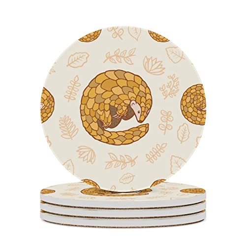 XKAWPC Hibernating Pangolins Round Ceramic Coaster Drink Coaster with Cork Base for Living Room and Coffee Table Decor 6PCS