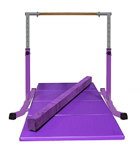 Athletic Bar Expandable Gymnastics Kip Bar Set with Balance Beam, 6’x4′ Mat for Kids, Horizontal Bar Junior Gymnastic Training Exercise Gymnast Home Gym Adjustable 3 to 5 FT Fiberglass Rail (Purple)