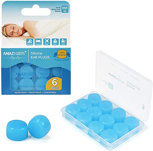 Ear Plugs for Sleeping, 6 Pair Reusable Soft Silicone Earplugs Noise Cancelling Sound Blocking Reduction for Swimming, Snoring, Concerts, Airplanes, Travel, Work, Loud Noise, 32dB Highest NRR (Blue)