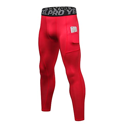 EARGFM Men’s Compression Workout Gym Pockets Running Baselayer Pants, Red, Large
