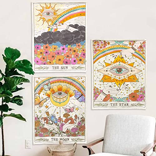 Accnicc 3PK Tarot Tapestry Sun Moon and Star Tarot Card Tapestries Floral Tapestry Wall Hanging Vintage Indie Orange Beige Aesthetic Wall Tapestry for Bedroom Dorm Living Room (Beige, 15” × 20”)