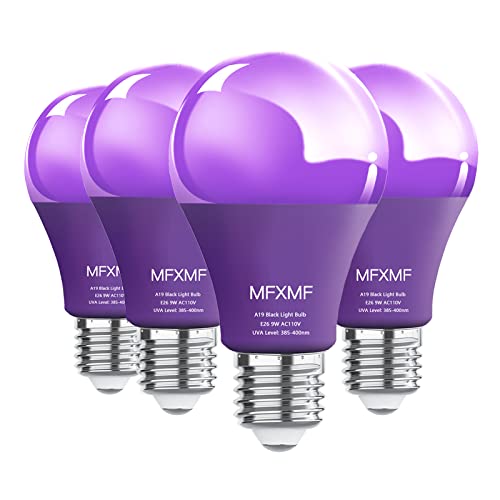 mfxmf A19 LED Black Light Bulbs 4 Pack,10W (100W Equivalent) E26 Base 110V Blacklight, UVA Level 385-400nm, Glow in The Dark for Blacklights Party,Fluorescent Poster, Body Paint,Neon Glow