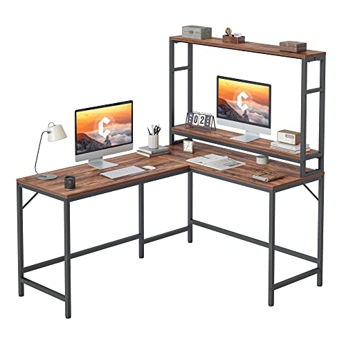 CubiCubi L Shaped Desk with Hutch, 59.1″ Corner Computer Desk, Home Office Study Writing Desk Computer Workstation with Two Tier Bookshelf, Deep Brown