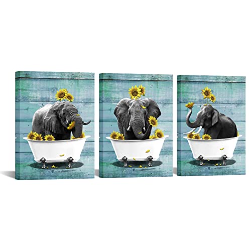 KiteChaser 3 Pieces Elephant Bathroom Decor Wall Art Set Black and White Cute Elephant in Bathtub with Sunflower on Wooded Backdrop African Animals Pictures Canvas Print for Baby Living Room Nursery