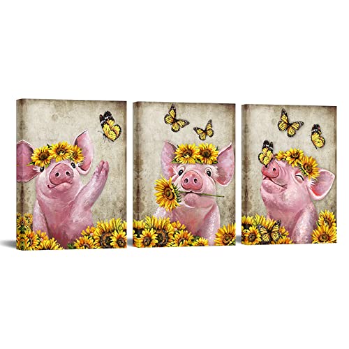 KiteChaser 3 Pieces Pig Canvas Wall Art Decor Happy Pink Piggy Chase Playing Butterflies Sunflower Bush Pictures Painting Wall Decor Canvas Print for Kids Living Room Home Bedroom Babyroom Decoration