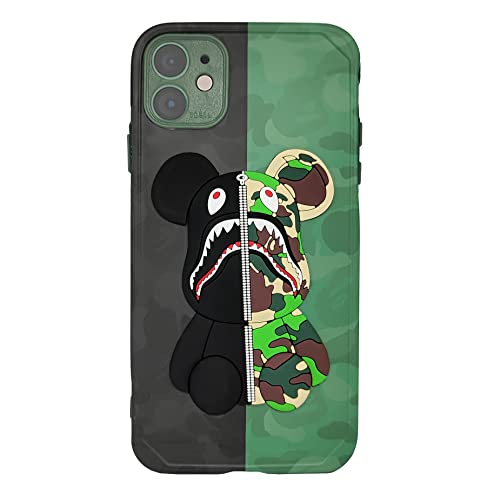 iPhone 11 Case Camo Shark Bear Design for Men Boys, Cool ArmyGreen 3D Cartoon Pattern Street Fashion Shockproof Anti-Scratch Silicone Full Body Protection Case for iPhone 11