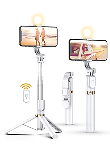 Selfie Stick Tripod with Detachable Wireless Remote, Extendable Selfie Stick Tripod with LED Fill Light, for iPhone 13/13 Pro/12/11/11 Pro/XS Max/XS/XR/X/8/7 and Android Smartphone