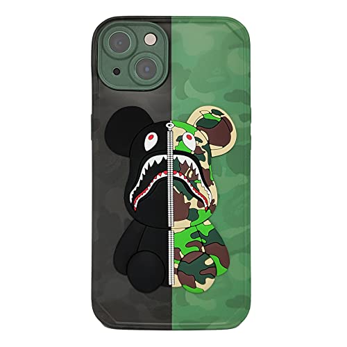 iPhone 13 Case Camo Shark Bear Design for Men Boys, Cool ArmyGreen 3D Cartoon Pattern Street Fashion Shockproof Anti-Scratch Silicone Full Body Protection Case for iPhone 13