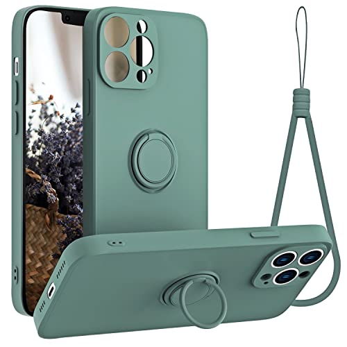 NETDUKE for iPhone 13 Pro Max Case Silicone with Full Camera Protection, Ring Holder and Strap 6.7” 2021 (Green)