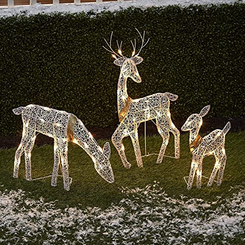 YUYVIO 3-Pc Lighted Deer Family – Outdoor Christmas, Winter Decoration for Front Yards Family of Three Christmas Deer Outdoor Decoration, Christmas Outdoor Yard Decoration Lighted (White)