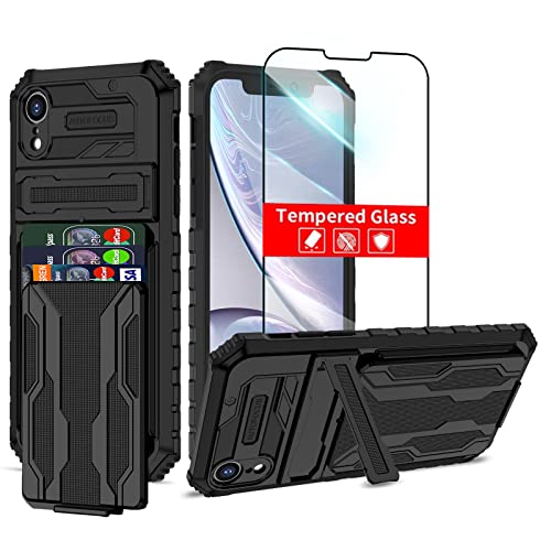 THMEIRA iPhone XR Case with Card Holder Credit Wallet, Built-in Phone Stand Screen Protector, Full Body Shockproof Protection Case for iPhone XR 6.1 inch -Black