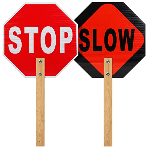 Maukudir Stop Sign with Handle, Crossing Guard Stop Sign, 13 inch Aluminum Double-Sided Stop Slow Sign with Bamboo Handle, Traffic Signs Engineer Grade Reflective(1 Pack)