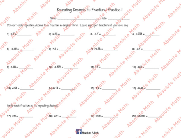 Repeating Decimals to Fractions Practice 1