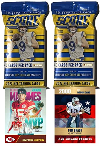 TWO (2) NEW 2022 Panini SCORE Football Card FACTORY SEALED FAT Packs w/ 40 Cards Per Pack (80 TOTAL CARDS) – Plus Novelty Mahomes and Brady Cards Pictured