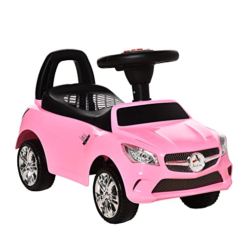 Aosom Kids Ride On Push Car, Foot-to-Floor Walking Sliding Toy Car for Toddler with Working Horn, Music, Headlights and Storage, Pink