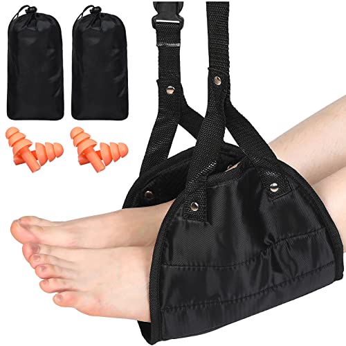 Airplane Footrest 2 Pcs Sleepy Ride Foot Hammock Memory Foam Airplane Foot Rest Adjustable Foot Sling with 2 Pairs Soft Sleeping Earplugs for Noise Cancelling, Portable Travel Accessories