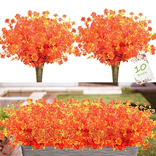 10 Bundles Outdoor Artificial Fall Flowers for Christmas Decoration, UV Resistant No Fade Faux Plastic Autumn Flowers for Home Decor, Orange Red Fake Plants for Hanging Garden Porch Window Indoor