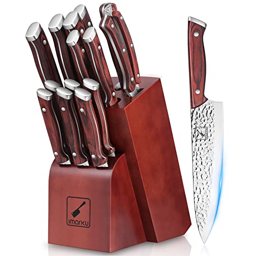 Kitchen Knife Set, imarku 16-Piece Knife Set with Block, Professional German Stainless Steel Knife Set with 6 Steak Knives and Knife Sharpener, Unique Hammered Design, Gifts for Women and Men