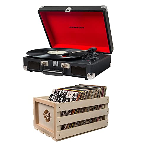 Bundle Includes 2 Items Crosley Cruiser Deluxe Portable 3 Speed Turntable with Bluetooth, Black and Crosley Record Storage Crate Holds up to 75 Albums, Natural KT8005H BK 0