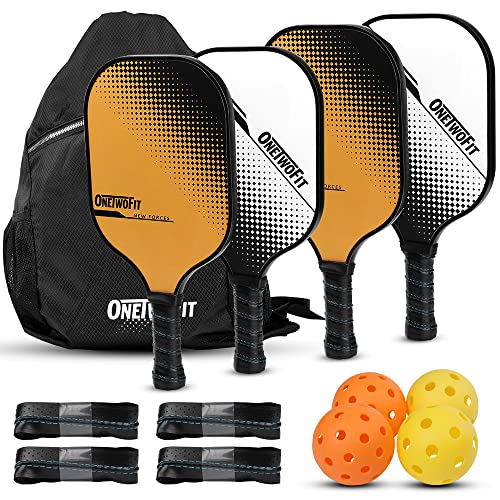 ONETWOFIT Pickleball Paddles Set of 4 Pickleball Rackets, with 2 Indoor 2 Outdoor Balls 1 Bag 4 Grip Tapes, Pickleball Set for Outdoor and Indoor, Pickle Ball Raquette Set for Men Women