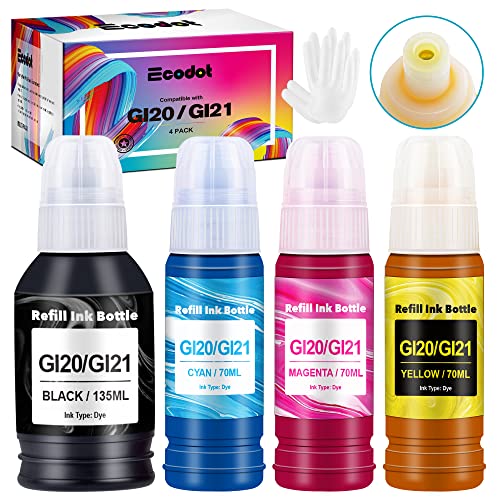 ecodot Compatible Refill Ink Bottles Replacement for Canon GI-21 GI21 GI-20 for G3260 G2260 G1220 All-in-One Wired Supertank(MegaTank) Printers (1 Black,1 Cyan,1 Magenta,1 Yellow, 4 Pack)