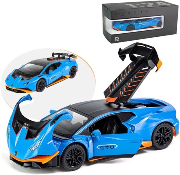 1:24 Alloy Diecast Car Model for Lamborghini Huracan STO 2021, Pull Back Vehicles Model Cars Toy for Kids 3 to 12 Years Old Gift Adult Collection Car Model with Light & Sound (Vibrant Blue)