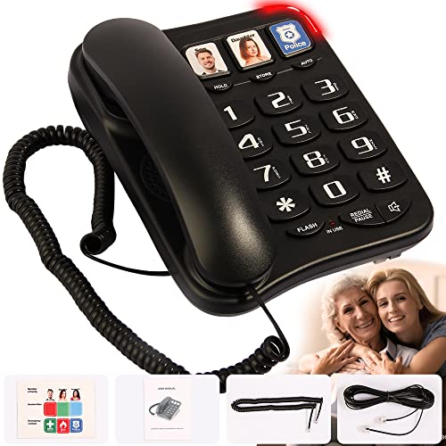 Big Button Phone for Seniors, Telephones for Hearing Impaired, 9 Picture Labels and 3 Picture Keys, Extra Long 16.4′ Cord Simple Landline Phones for Seniors, Black