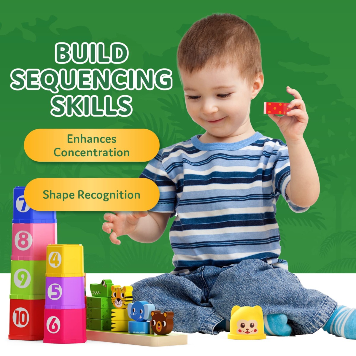 CoolToys Stack n’ Sort Baby Toddler Learning Toys, 3 Developmental Educational Game Set, Nesting & Stacking Cups, Shape & Color Sorting Stackable Wooden Pieces, Montessori Wooden Puzzle, Jungle Theme | The Storepaperoomates Retail Market - Fast Affordable Shopping