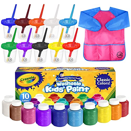 Washable Kids Paint 10 Colors, 10 No Spill Paint Cups for Kids with Lids, 10 Paint Brush Set, 1 Waterproof Kids Smock – Washable Paint Set for Kids Craft Project, Finger Painting Supplies Kit
