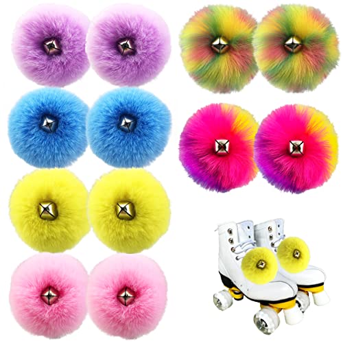 Marynee 12 Pieces Roller Skates Pom Poms Fluffy Tie-on Roller Skate Pom Poms with Jingle Bells Fuzzy Faux Rabbit Fur Pom Poms for Roller Skates Accessories for Girls Women(6 Colors)