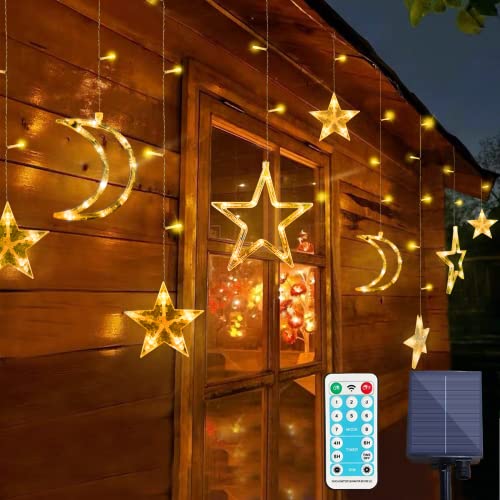 Solar Star Moon String Lights Outdoor with Remote 8 Modes Solar Curtain Lights Waterproof Fairy Lights Solar Powered Window LED Lights Timer Starry Lights for Garden Patio Yard Ramadan Decoration